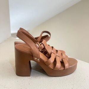 Lucky Brand Sandals Block Heels Size 10 Platform Ankle Strap Shoes Leather Brown